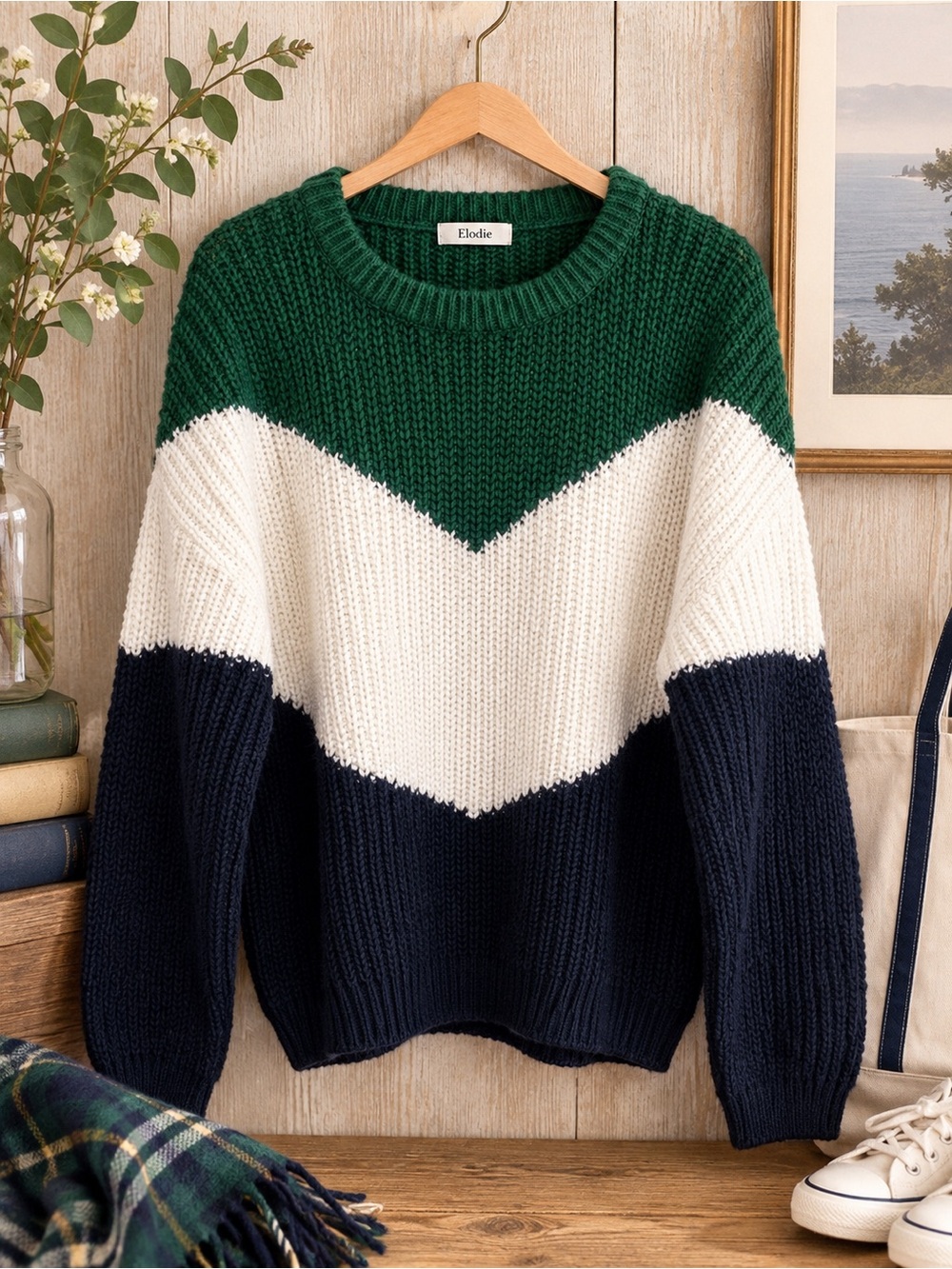 Elodie Chunky Chevron Colorblock Preppy Sweater XL 💚